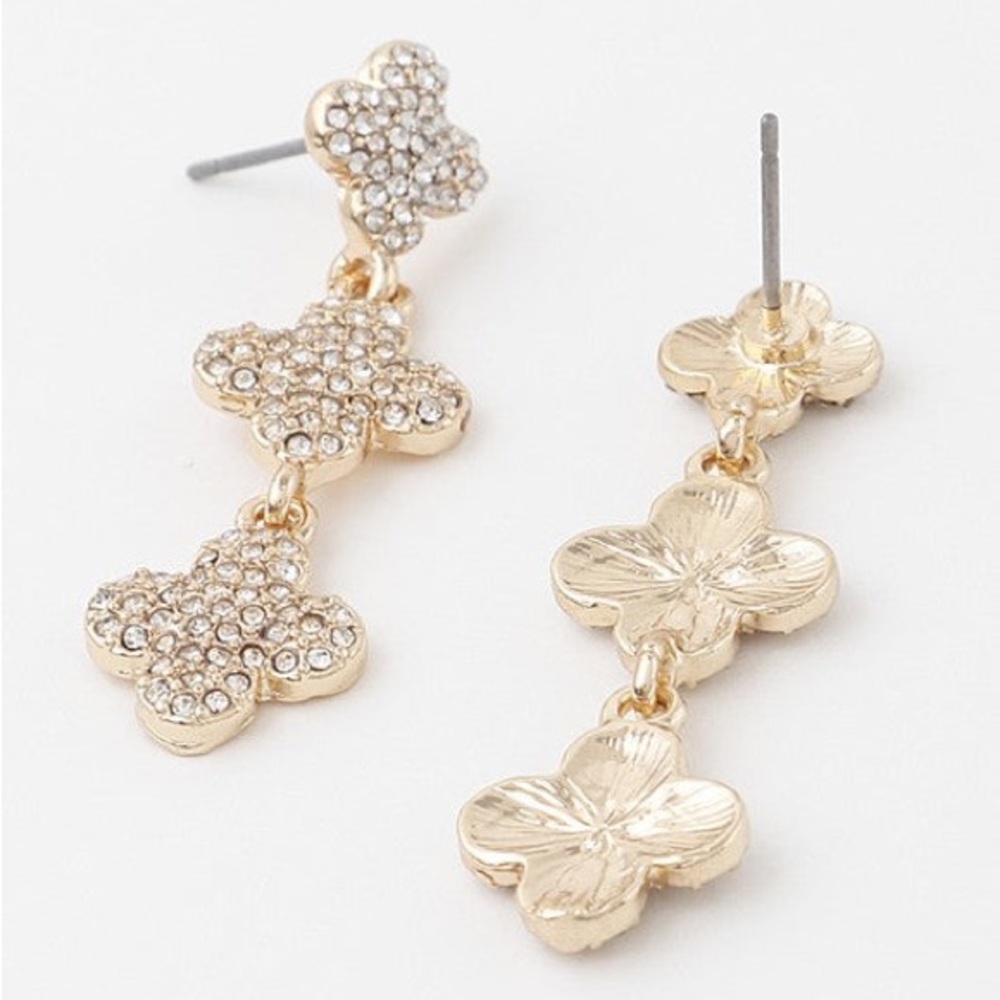 #08 Rhinestone Triple Clover Drop Earrings - Picture 2 of 2